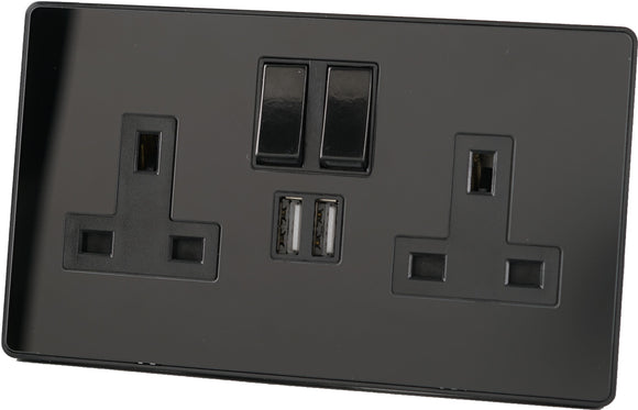Glass Screwless - 13A Double Switched Socket with USB (2400mA) - BLACK