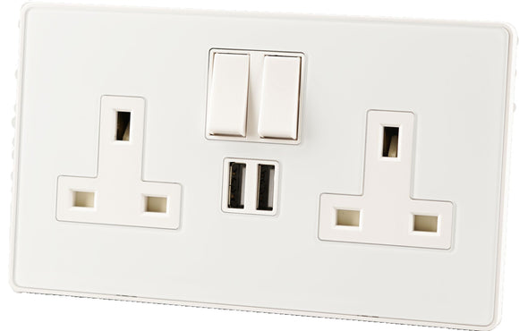 Glass Screwless - 13A Double Switched Socket with USB (2400mA) - White