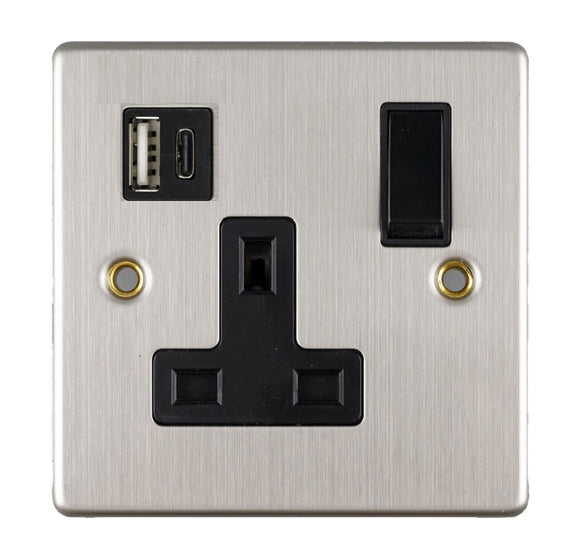 Stainless Steel - 13A 1Gang Switched USB A+C Socket (20W PD3.0)