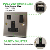 Stainless Steel - 13A 1Gang Switched USB A+C Socket (20W PD3.0)