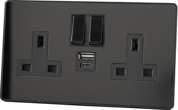 Glass Screwless - 13A Double Switched Socket with USB A + C ( PD3.0 20W ) - BLACK