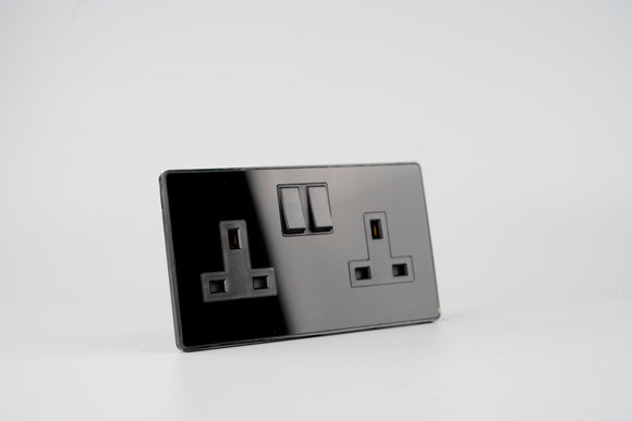 Glass Screwless - 13A Double Switched Socket- BLACK