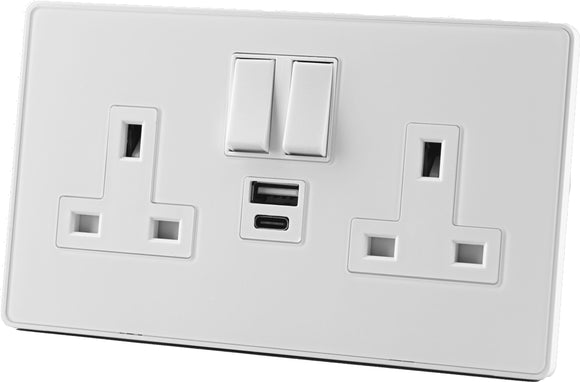 Glass Screwless - 13A Double Switched Socket with USB A + C ( PD3.0 20W ) - WHITE