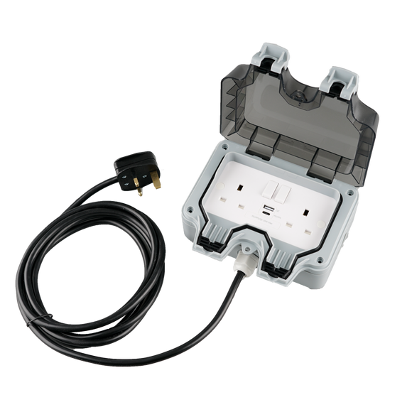 IP66 WaterProof 13A 2Gang Switched Socket with USB Type A and Type C (PD3.0 20W) With 3M Cable
