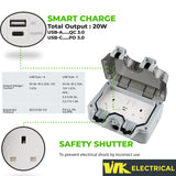 IP66 WaterProof 13A 2Gang Switched Socket with USB Type A and Type C (PD3.0 20W) With 3M Cable