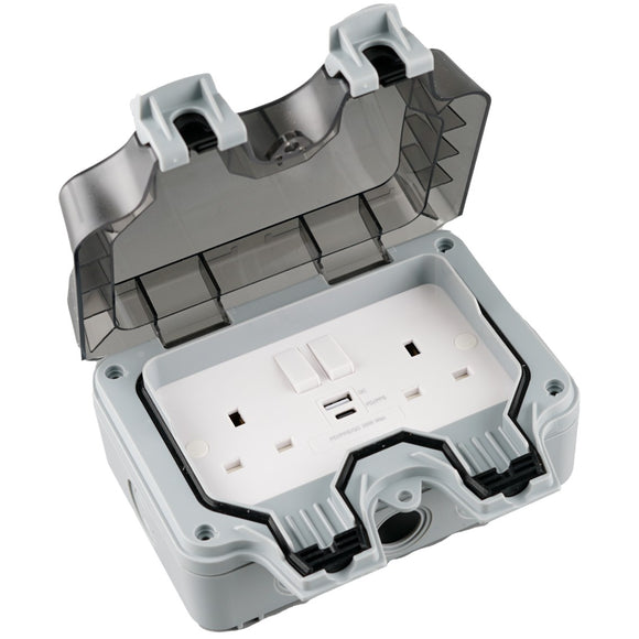 IP66 WaterProof 13A 2Gang Switched Socket with USB Type A and Type C (PD3.0 20W)