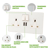 Glass Screwless - 13A Double Switched Socket with USB (2400mA) - White