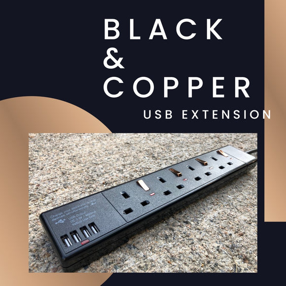 4 Way / 2 Metre Extension Lead with USB (4800mA) - BLACK COPPER