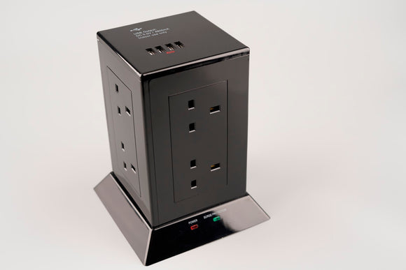 8 Way Tower Socket with Surge and USB (4800mA) - Black
