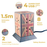 8 Way Tower Socket with Surge and USB (4800mA) - Vintage Union Jack