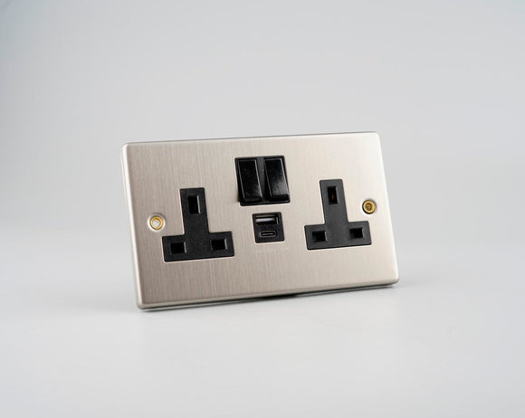 Stainless Steel - 13A 2Gang Switched Socket with USB Type A and Type C (PD3.0 20W)