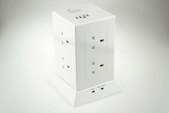 8 Way Tower Socket with Surge and USB (4800mA) - White