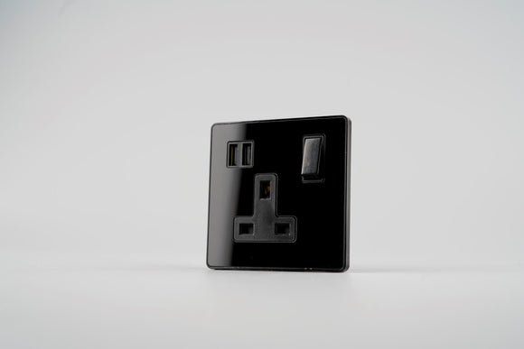 Glass Screwless - 13A Single Switched Socket with USB (2400mA)- BLACK