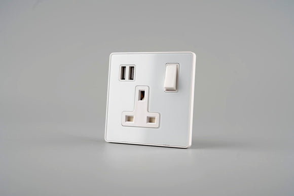 Glass Screwless - 13A Single Switched Socket with USB (2400mA)- WHITE