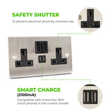 Stainless Steel - 13A 2Gang Switched USB Socket (2100mA)
