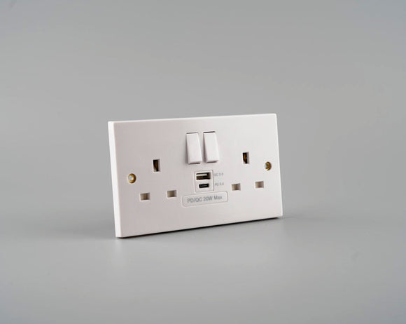 13A 2Gang Switched Socket with USB Type A and Type C (PD3.0 20W)